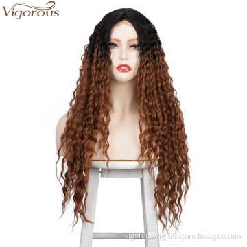 Vigorous Top Quality 30 Inches Long Kinky Curly Wigs For Women Natural Middle Part Wigs Ombre Brown Wavy Wigs